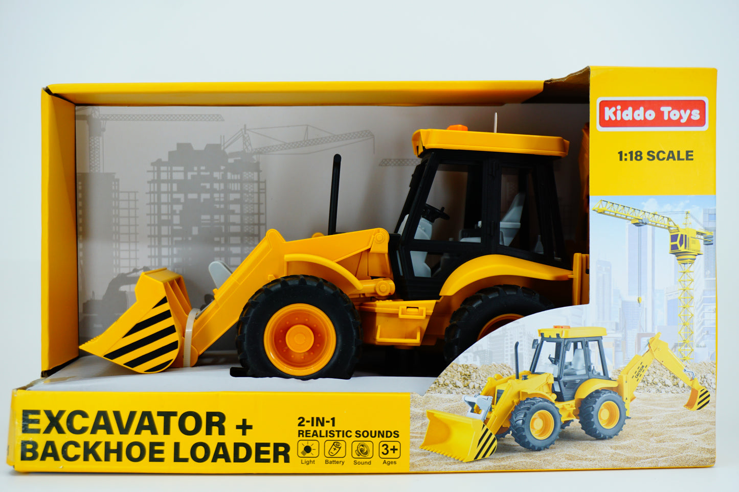 Kiddo Toys 2-in-1 Excavator Backhoe Loader Toy with Realistic Sounds, Rubber Tires 1:18