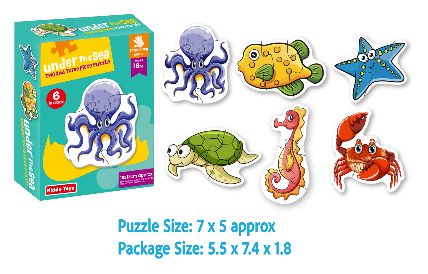 Kiddo Toys Under The Sea 2 and 3 Piece Puzzle Set, 6 in a Box Set 15 Pieces Preschool Educational and Learning Jungle Jigsaw Puzzle Toy Gift Set for Boys and Girls