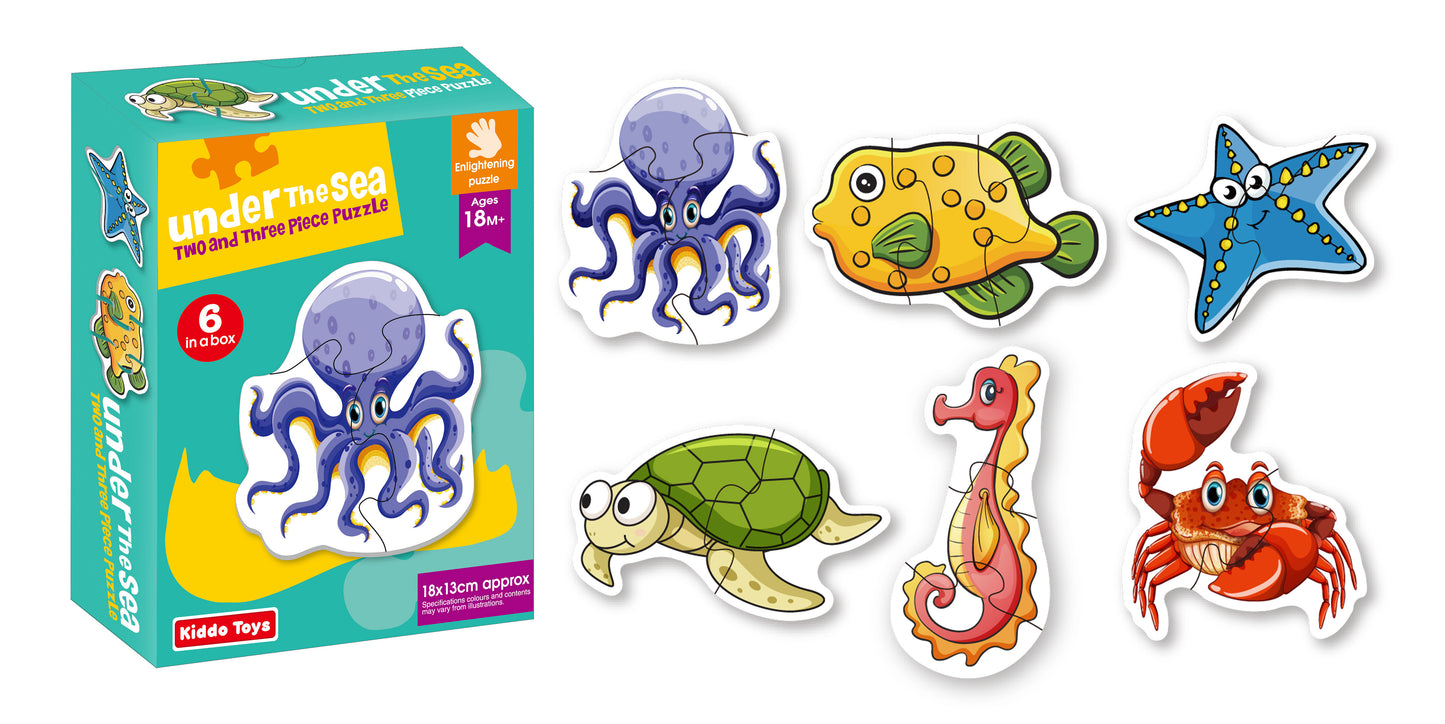 Kiddo Toys Under The Sea 2 and 3 Piece Puzzle Set, 6 in a Box Set 15 Pieces Preschool Educational and Learning Jungle Jigsaw Puzzle Toy Gift Set for Boys and Girls